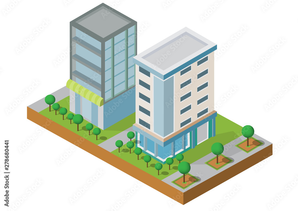 Isometric Building vector. Two building on Yard with road. building 3d , smart city, Vector office and town apartment concept. Isometric Building vector. Two building on Yard with road. building 3d , smart city, Vector office and town apartment concept.