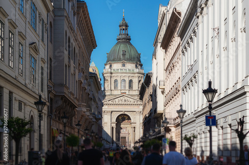 Crowded tourist at Zrinyi Utca street with Saint Stephen`s Basilica in Budapest, Hungary © SasinParaksa