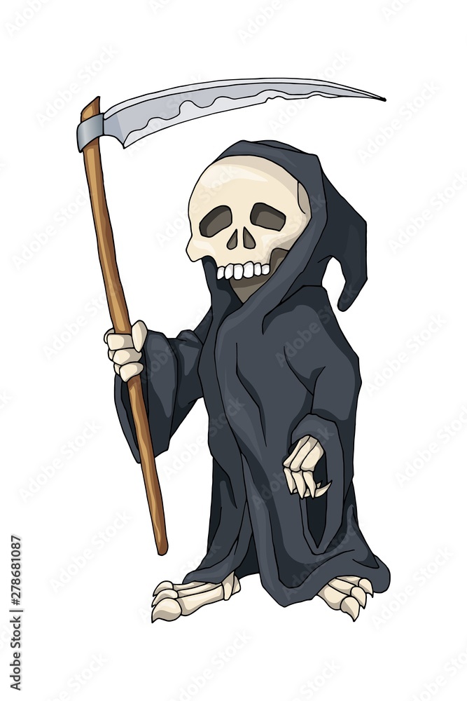 Human Skeleton in Black Robe Standing with Scythe, cartoon Character Stock  Vector | Adobe Stock