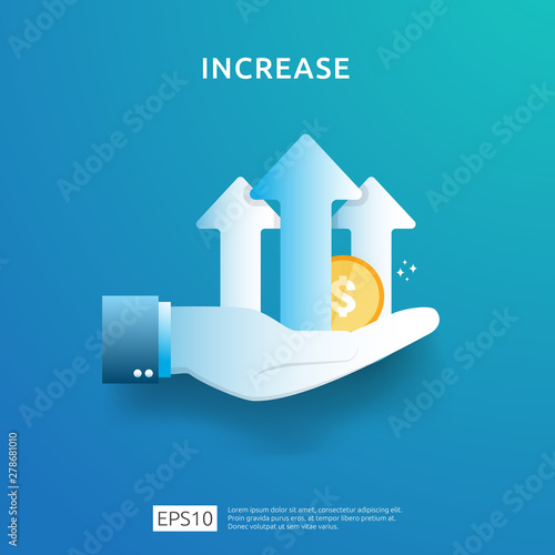 business chart on hand. income salary rate increase. graphic growth margin revenue. Finance performance of return on investment ROI concept with arrow element. flat style design vector illustration.