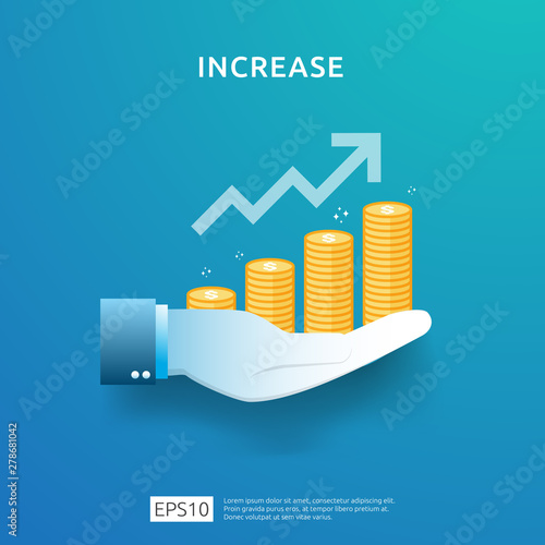 business chart on hand. income salary rate increase. graphic growth margin revenue. Finance performance of return on investment ROI concept with arrow element. flat style design vector illustration.