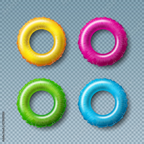 Vector Illustration with Colorful Float Collection Isolated on Transparent Background. Vector Holiday Design Elemets with Inflated Swim Ring or Lifebelt Set for Banner, Flyer, Invitation, Brochure