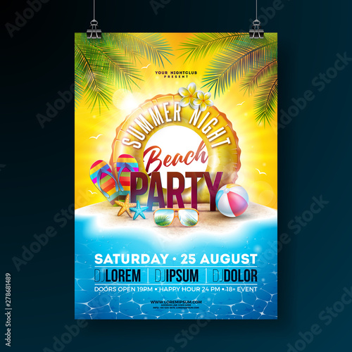 Vector Summer Night Beach Party Flyer Design with Tropical Palm Leaves and Float on Ocean Landscape Background. Summer Holiday Illustration with Paradise Island, Beach Ball, Sunglasses and Lifebelt