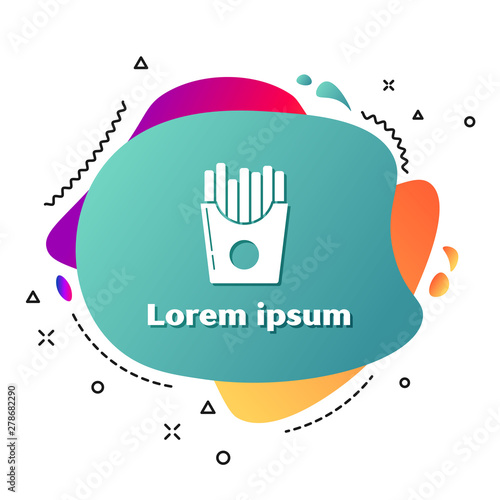 White Potatoes french fries in carton package box icon isolated on white background. Fast food menu. Abstract banner with liquid shapes. Vector Illustration