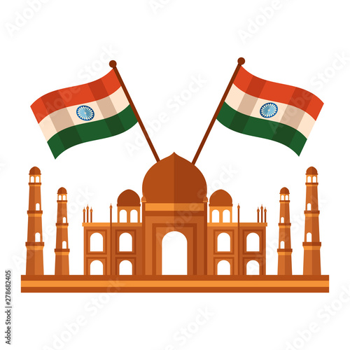 taj mahal indian mosque with flags crossed