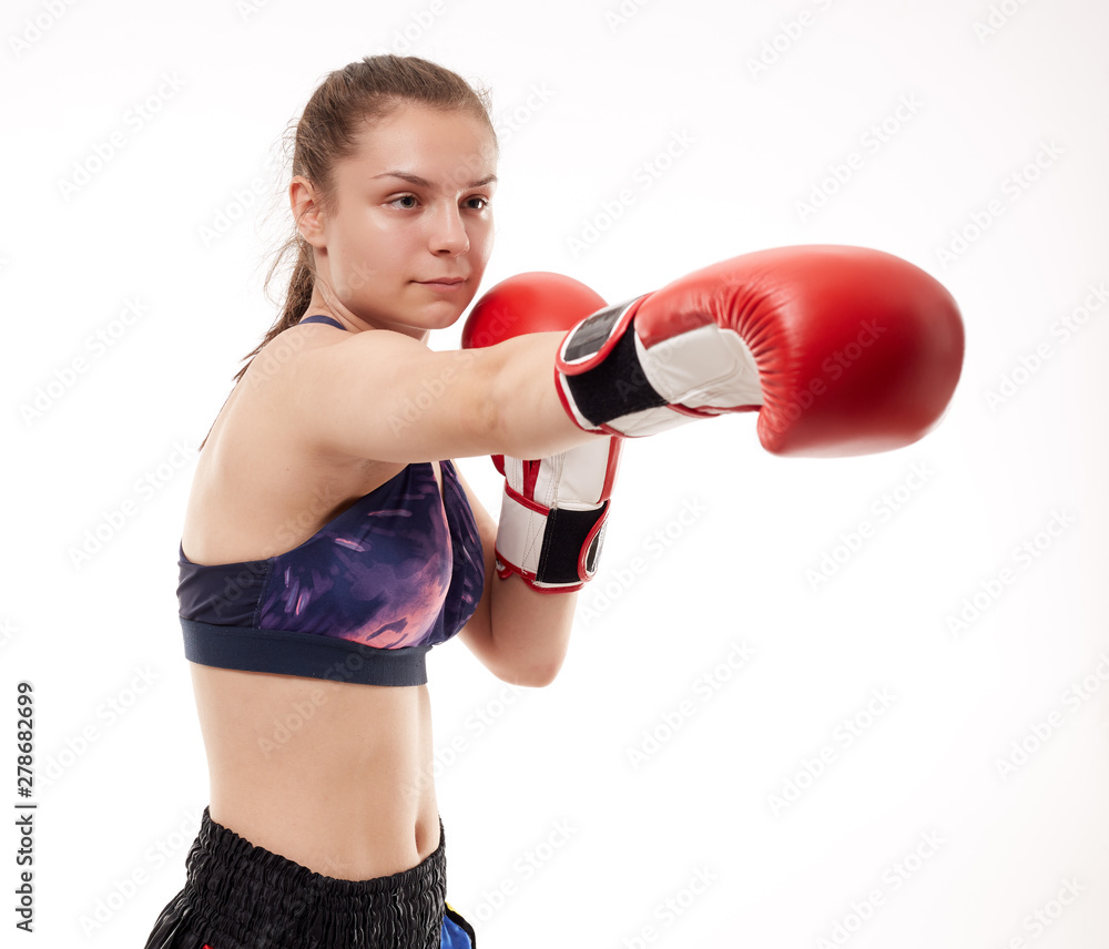 Kickboxing girl on white