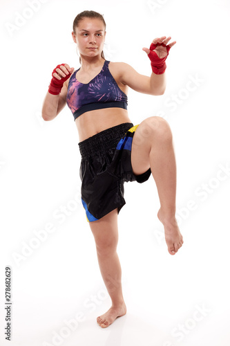 Kickboxing girl on white