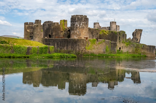 Caerphilly Castle and reflections in the moat