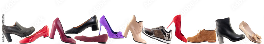 Shoes advertising banner, Collage of different shoes - obrazy, fototapety, plakaty 