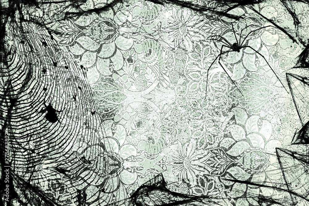 Fototapeta premium Spiderweb with spiders on gray floral background. Halloween party monochrome illustration