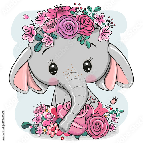 Cartoon Elephant with flowers on a white background