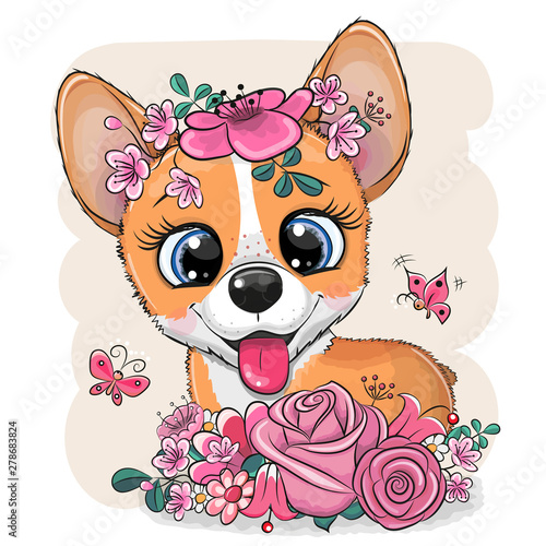 Cartoon Corgi with flowers on a white background