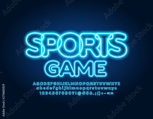 Vector neon glowing poster Sports Game with illuminated Font. Electric Alphabet Letters  Numbers and Symbols
