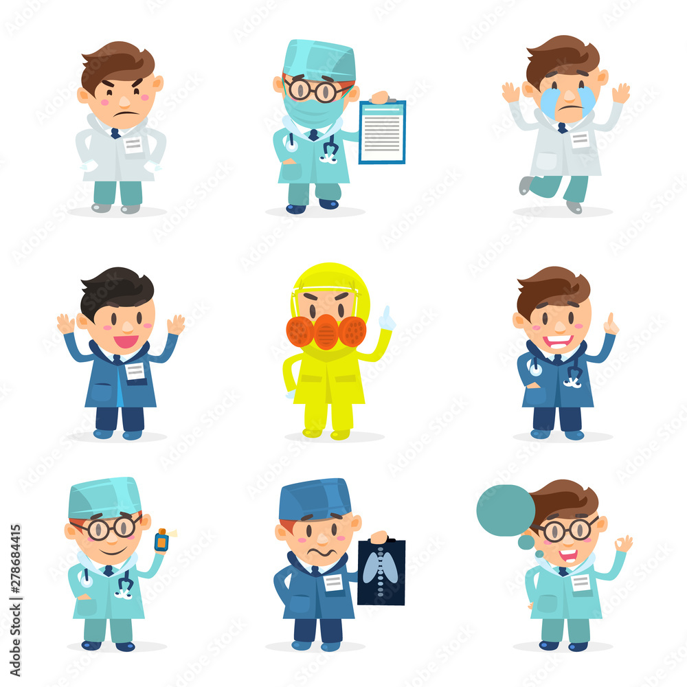 Funny Doctors Characters Set, Hospital Medical Staff, Male Doctors with Various Emotions Vector Illustration Funny Doctors Characters Set, Hospital Medical Staff, Male Doctors with Various Emotions Vector Illustration
