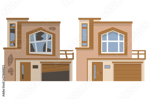 Modern house before and after repair. Old run-down home. Renovation building.