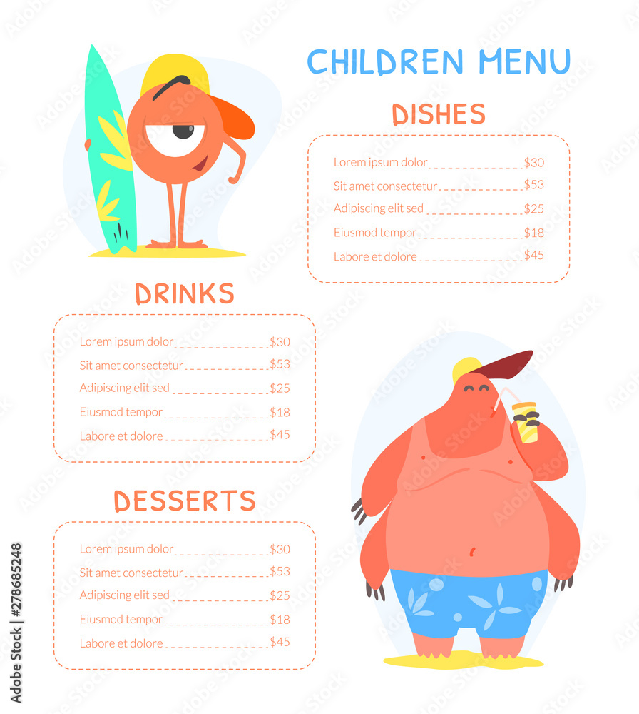 Cute Colorful Children Meal Menu with Cute Funny Monsters Vector Illustration