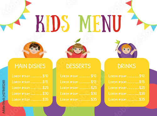Cute Colorful Kids Meal Menu with Happy Children Dressed Like Fruits Vector Illustration