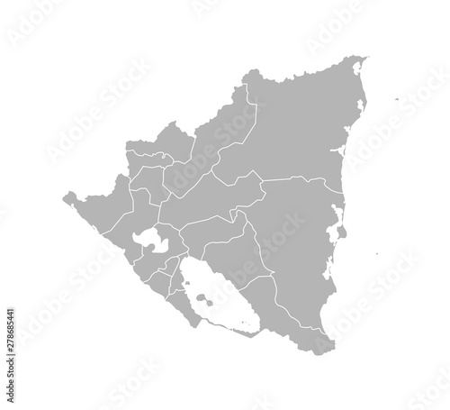 Vector isolated illustration of simplified administrative map of Nicaragua. Borders of the departments  regions . Grey silhouettes. White outline