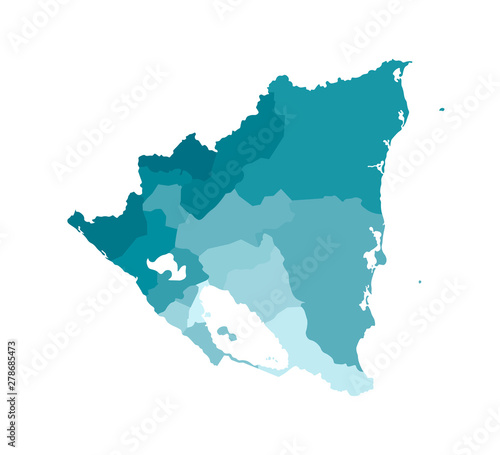 Vector isolated illustration of simplified administrative map of Nicaragua. Borders of the departments (regions). Colorful blue khaki silhouettes