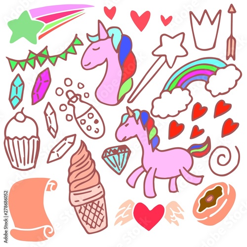 Set of unicorn doodle, drawing, sketch, cartoon