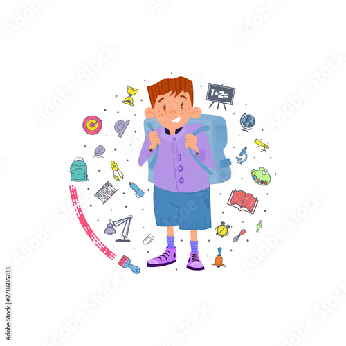 Boy with a backpack behind his back, banner with school icons, flat design.