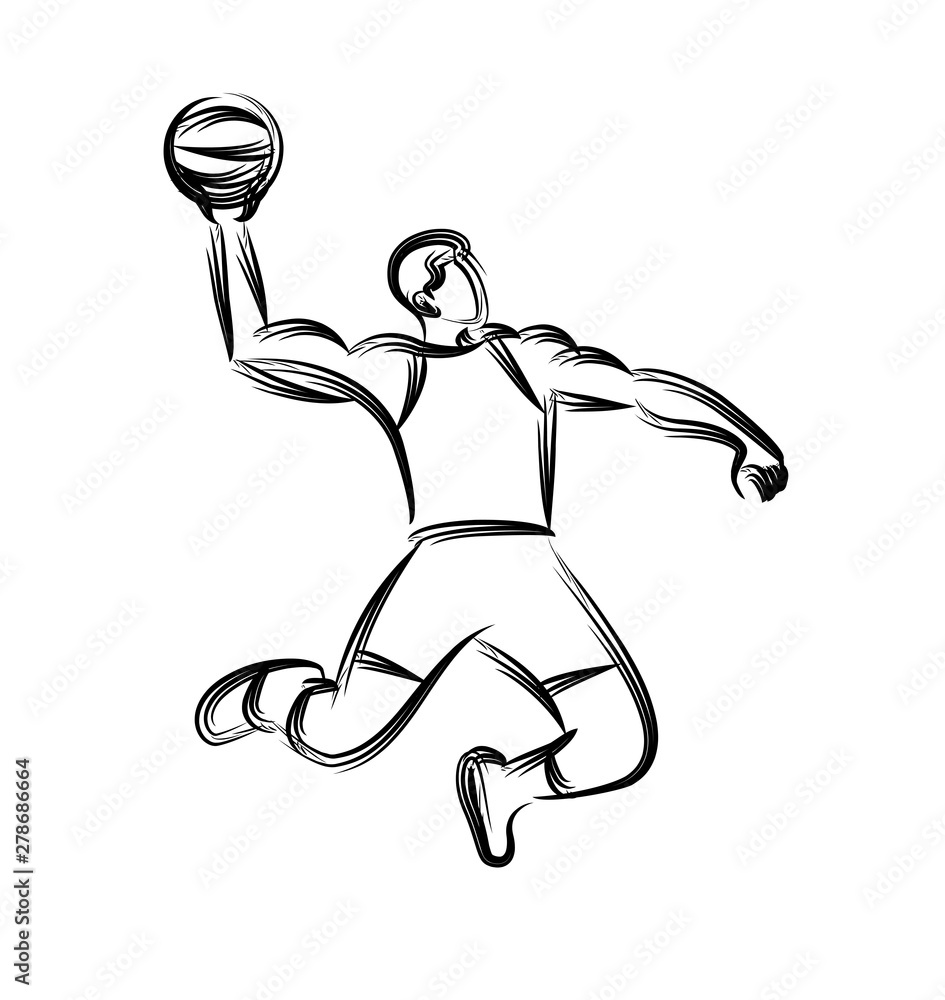 Basketball player jumping dunking in line drawing, vector illustration ...
