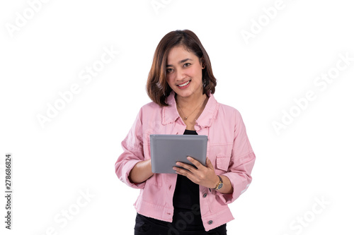 attractive asian young woman using tablet. portrait of young female over white