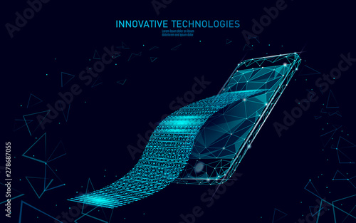 Digital bill 3D web banking concept. Polygonal point line online shopping ticket payment smartphone. Financial electronic technology budget banner template vector illustration