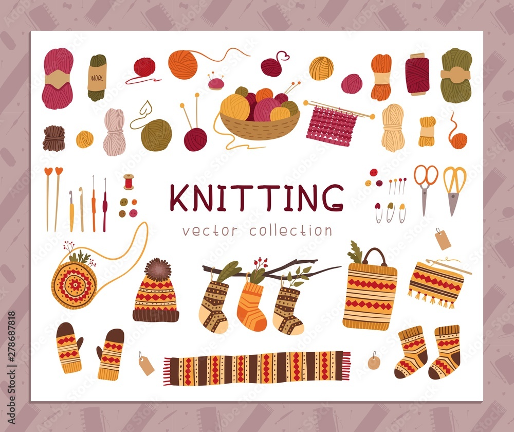 Knitting and knitwear flat vector illustrations set. Traditional autumn, winter hobby tools, scissors, yarn balls. Warm handmade clothing. Female accessories, bags with ethnic, folk decor