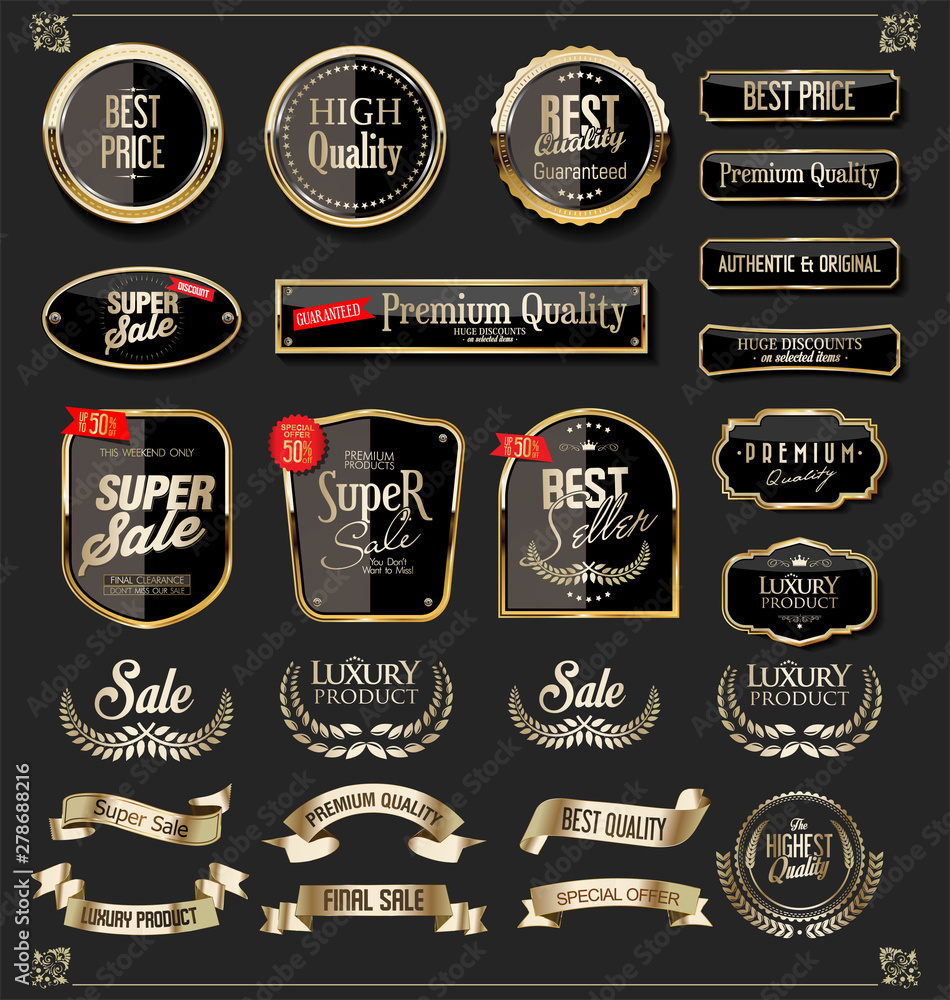Collection of luxury golden design elements badges labels and laurels 