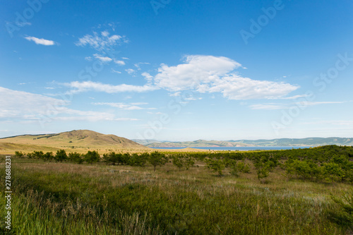 Blue sky with white clouds, trees, fields and meadows with green grass, against the mountains. Composition of nature. Rural summer landscape.