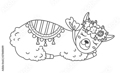 Cute outline doodle sleeping llama with hand drawn elements