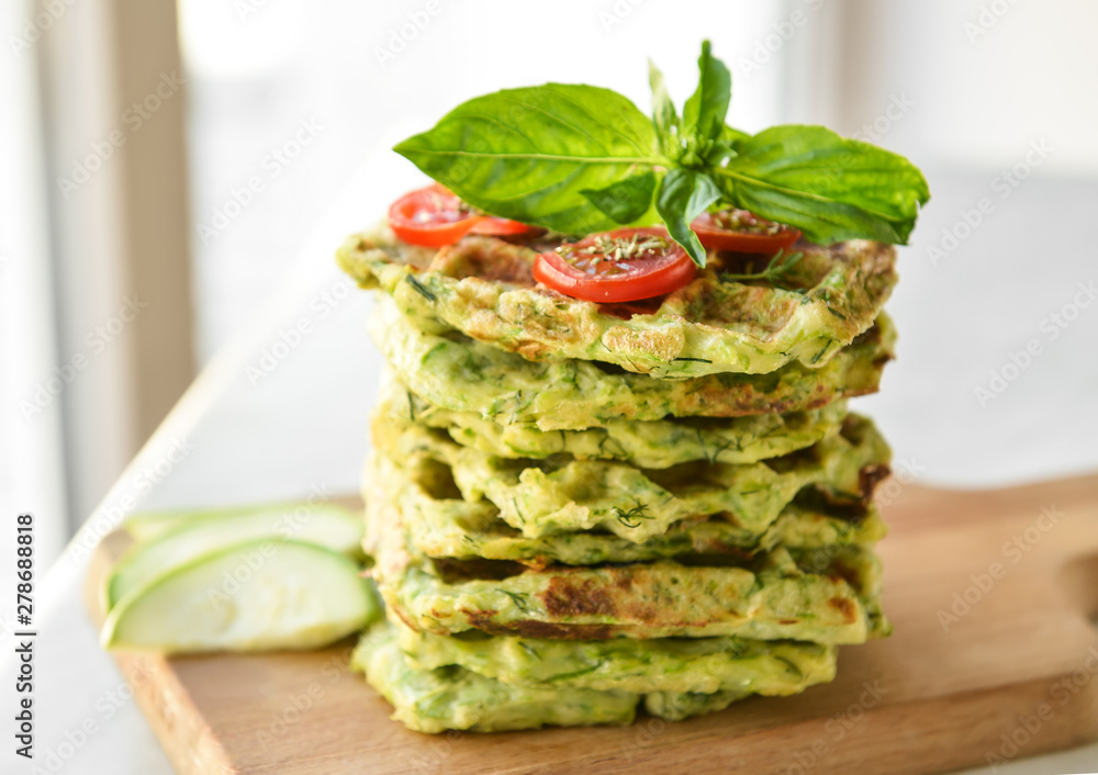 Stack of tasty squash waffles on table Stack of tasty squash waffles on table