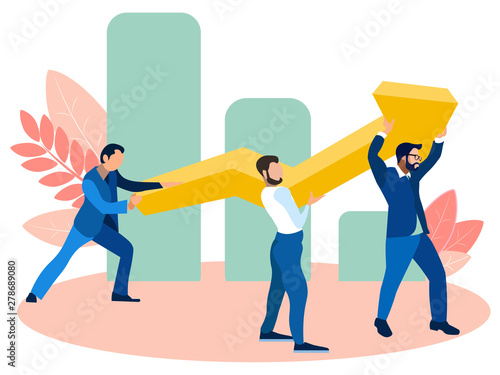 Office employees raise infographic, finance and revenue figures. In minimalist style. Cartoon flat vector