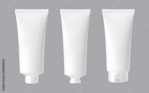 Set of blank realistic cosmetic tubes on grey background. Can be used for cosmetic, medical, gels, creams, shampoo and pastes. Face, side and back view. Vector illustration. EPS10.