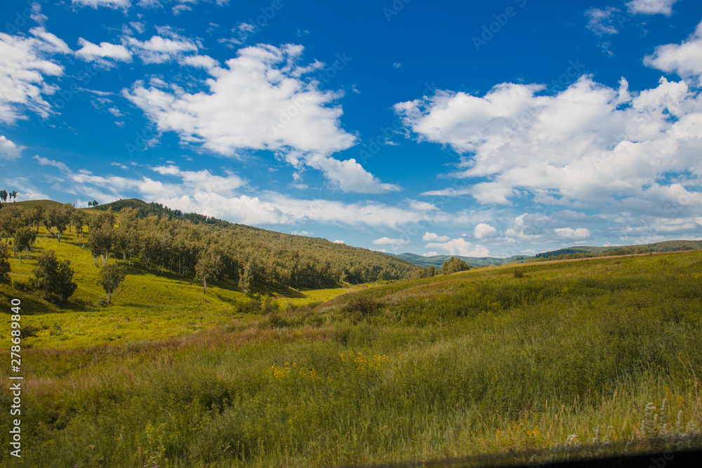 Blue sky with white clouds, trees, fields and meadows with green grass, against the mountains. Composition of nature. Rural summer landscape.