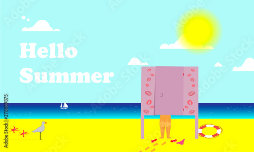 Hello letto. View of the sea and the sandy beach. A child is undressed in the beach changing room. Seagull and starfish. Vector illustration.