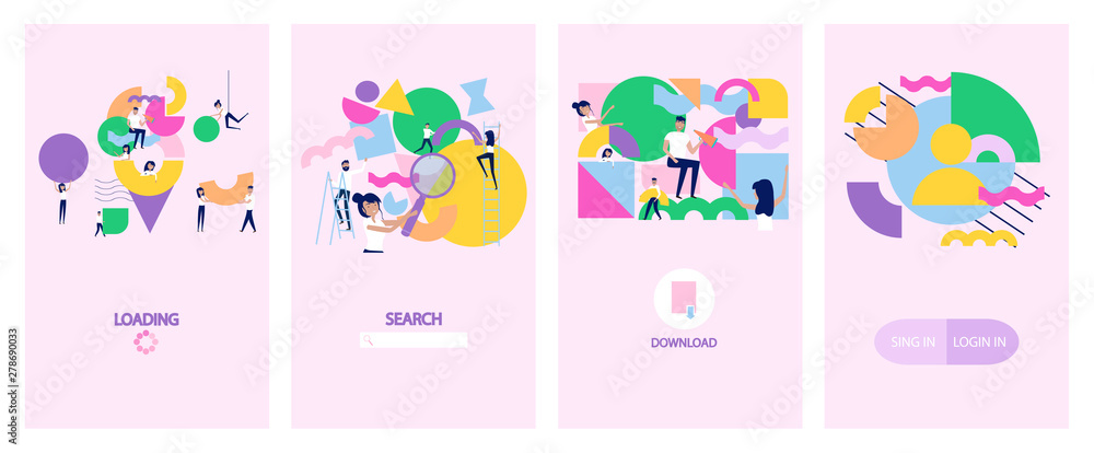 Set of landing page, download, loading, authorization and search page. Group of people organizing and arranging abstract geometric shapes. Teamwork Concept for Mobile App Page. Vector illustration Set of landing page, download, loading, authorization and search page. Group of people organizing and arranging abstract geometric shapes. Teamwork Concept for Mobile App Page. Vector illustration