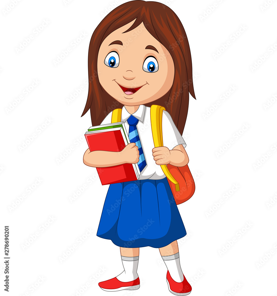 Cartoon school girl in uniform with book and backpack Cartoon school girl in uniform with book and backpack