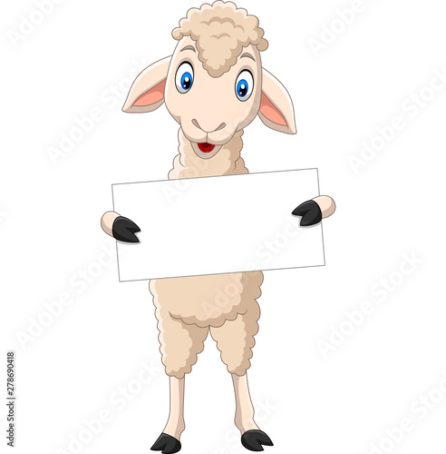 Happy lamb cartoon holding blank sign