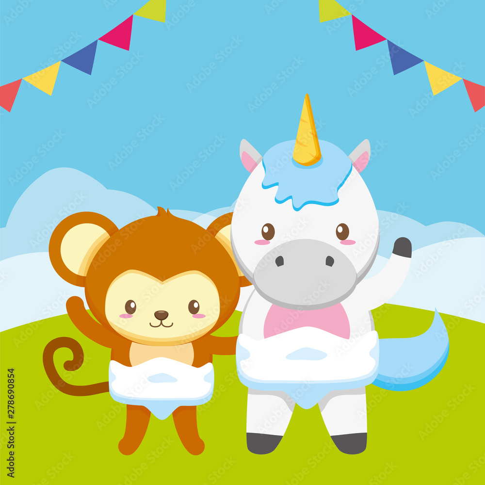 cute little monkey and unicorn on the field cute little monkey and unicorn on the field