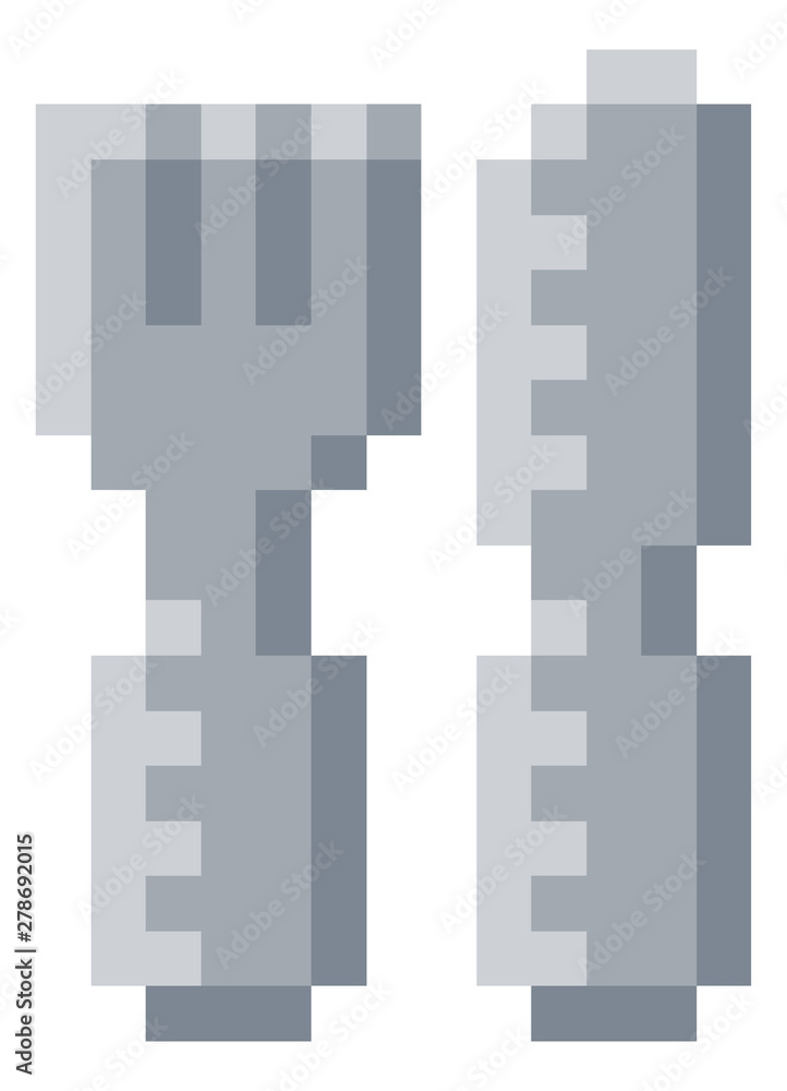 Knife and fork cutlery icon in a pixel 8 bit video game art style Knife and fork cutlery icon in a pixel 8 bit video game art style