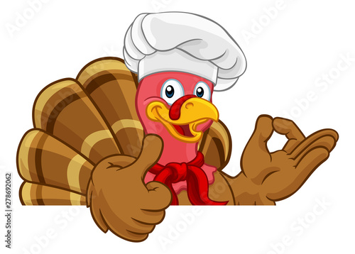 Chef Turkey Thanksgiving or Christmas bird animal cartoon character. Wearing a chefs hat doing a perfect or okay sign with one hand and a thumbs up with the other while peeking over a background sign