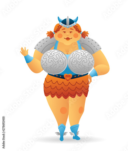 Cartoon viking fat woman character. Funny caricature cartoon. Vector illustration isolated on white background for poster, card, web, logo