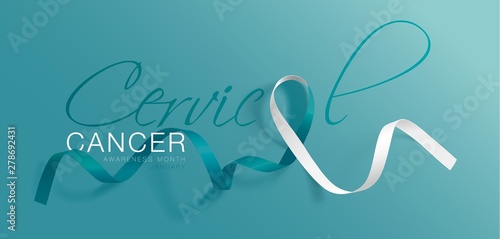 Cervical Cancer Awareness Calligraphy Poster Design. Realistic Teal and White Ribbon. January is Cancer Awareness Month. Vector. Illustration