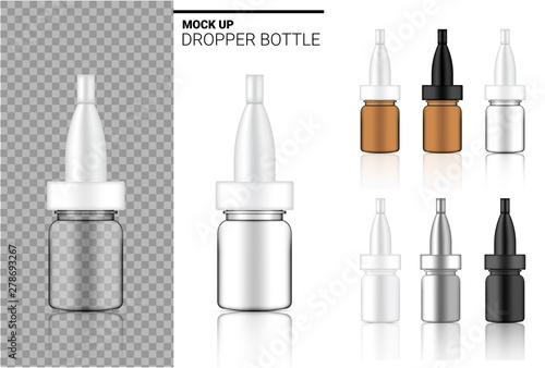 Medicine Bottle Mock up Realistic transparent Amber, white, black and glass ampoule or dropper plastic Packaging. for Food and Health Care Product on white Background Illustration.