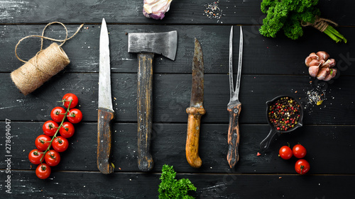BBQ banner. Cutlery barbecue. Top view. Free space for your text. Rustic style.