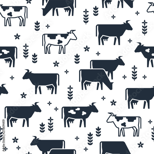 Seamless vector pattern of farm animals, buildings, equipment and other elements in black and white colors.