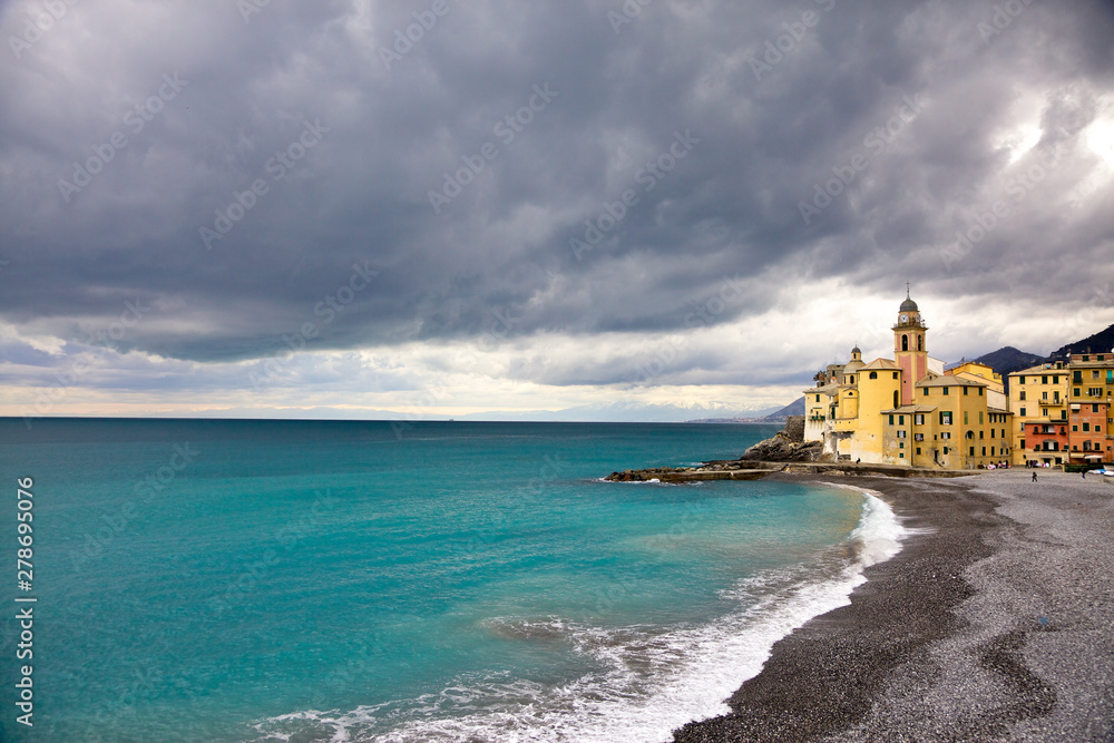 Beach at cloudy day, Camogli, Ligury, Italy