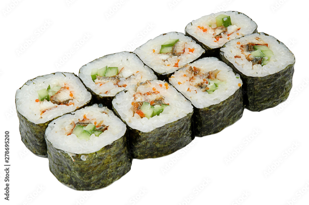 Sushi rolls isolated on white background. Closeup of delicious japanese food sushi roll. Sushi rolls isolated on white background. Closeup of delicious japanese food sushi roll.